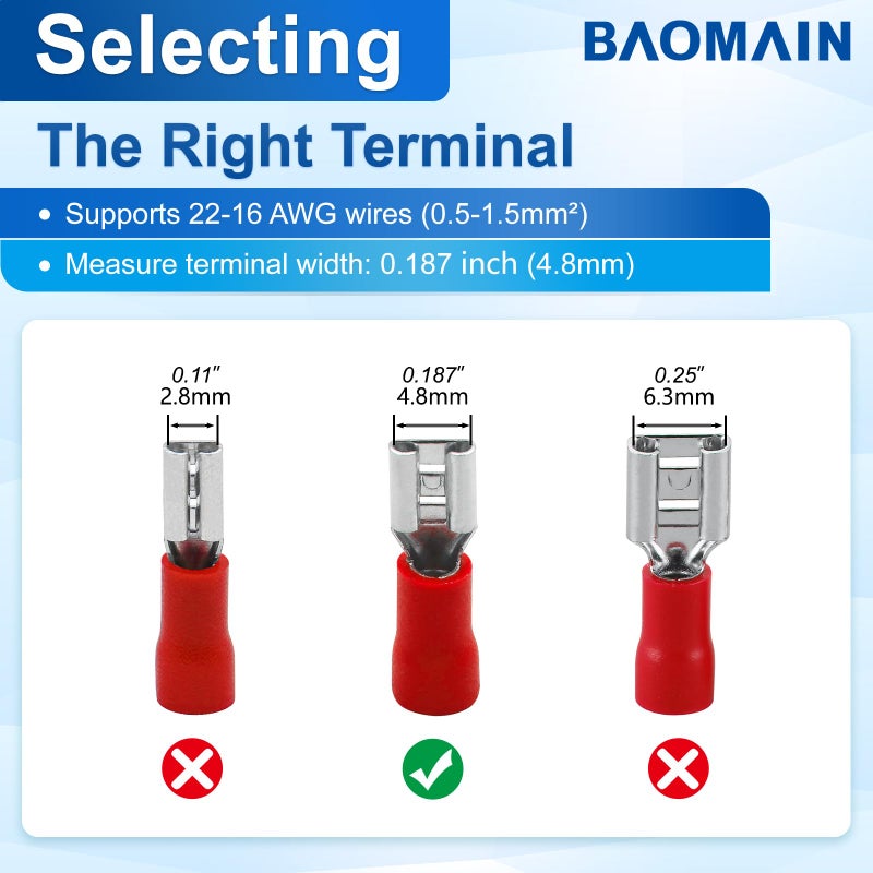 Baomain 0.187" Female Quick Disconnect Spade Terminals,Insulated Crimp Connectors 22-16 AWG 4.8mm (3/16 inch),Red, (100-Pack) - Image 4